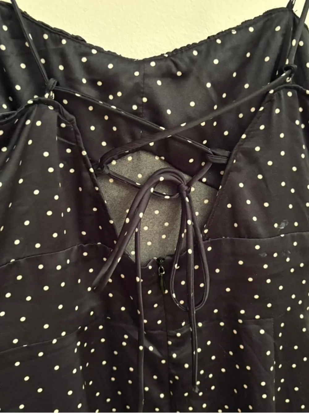 Zara black satin mid dress white polka dots size medium - side slit - Picture 2 of 4